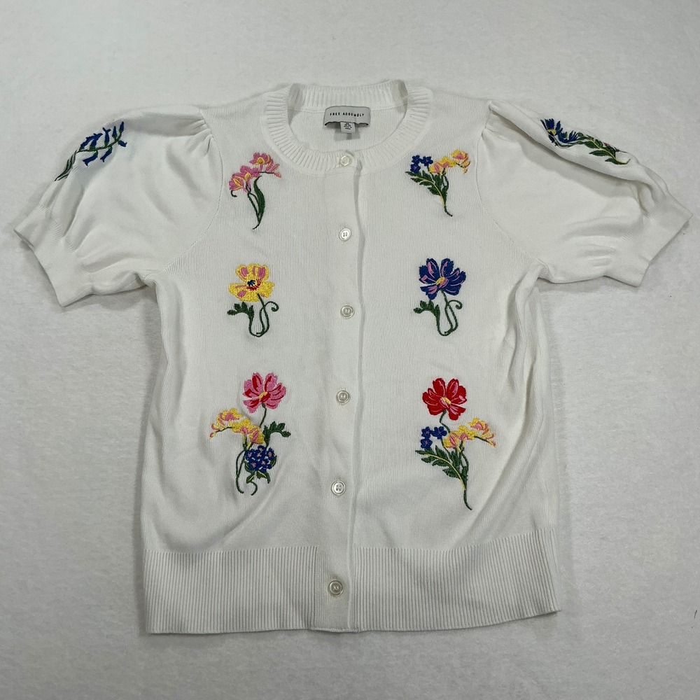 Free Assembly Womens Floral Embroidered Short Sleeve Cardigan White XS 1650